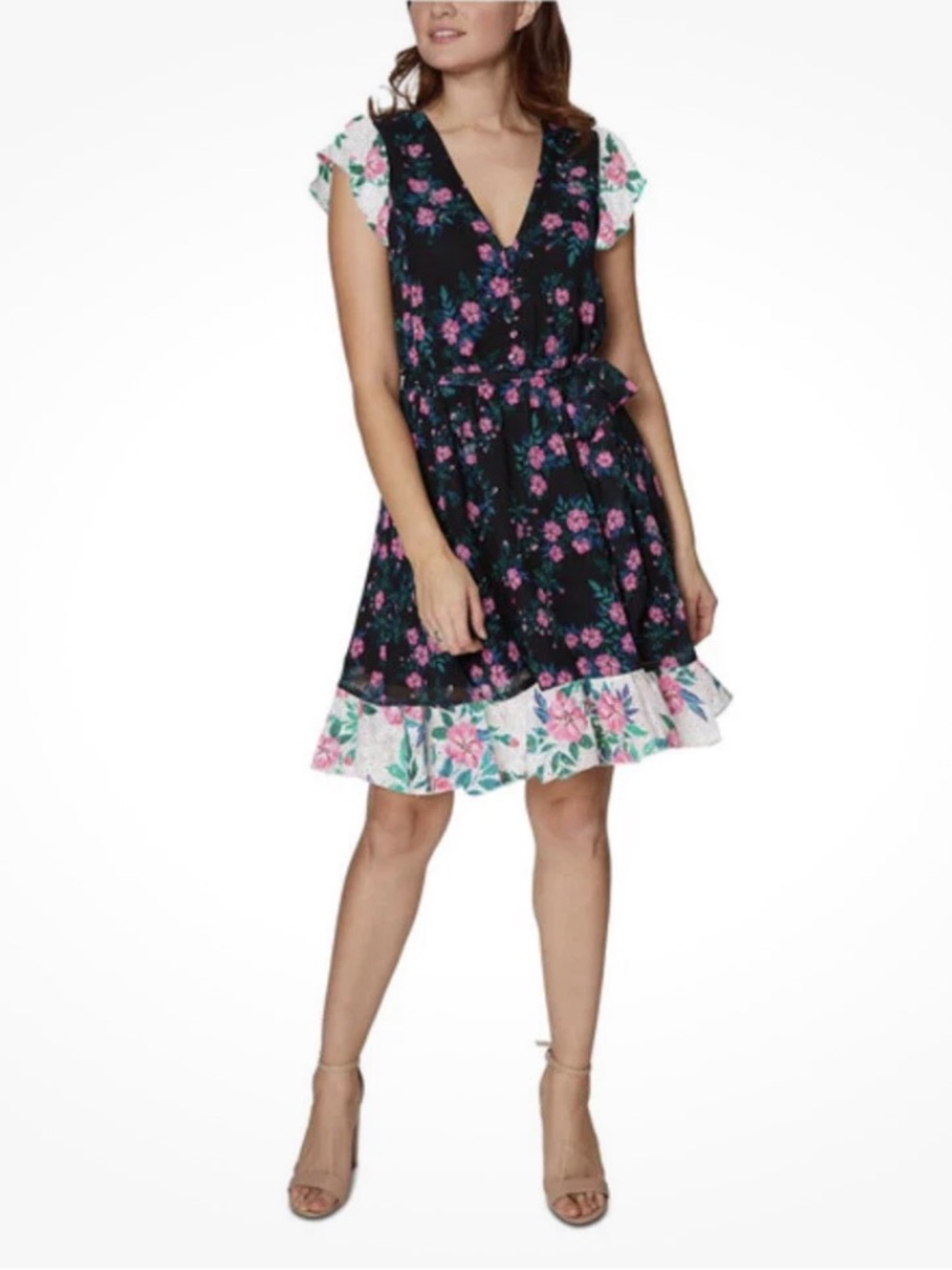 Betsey Johnson Lined Floral Dress Belt Ties At Waist Pretty Party Fun Size 12
